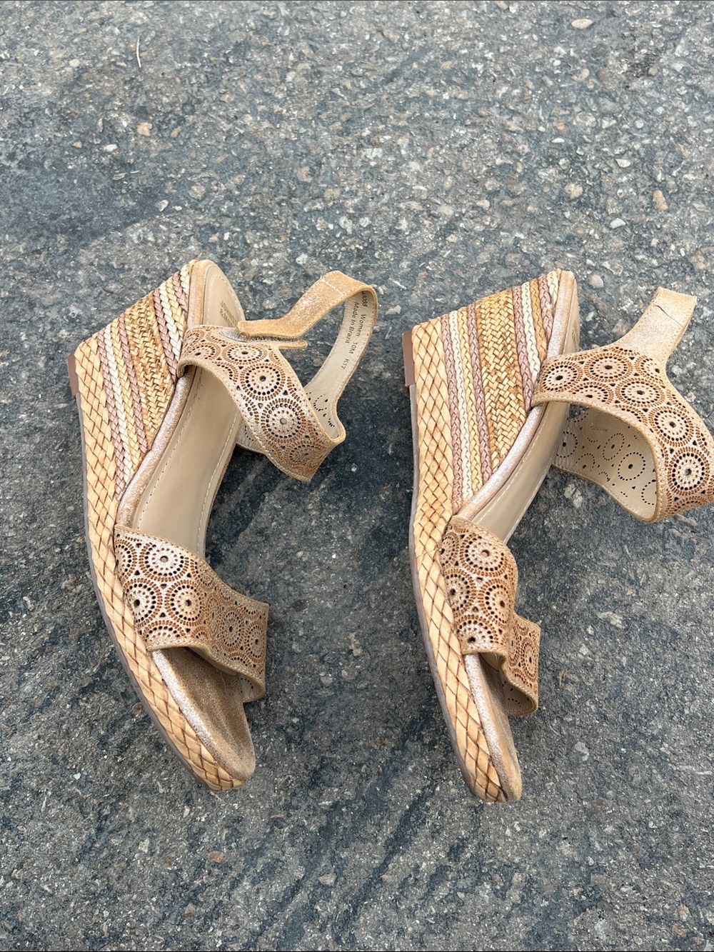 Johnston & Murphy  Georgiana Women’s Tan Wedge Sandals with Laser-Cut Straps
